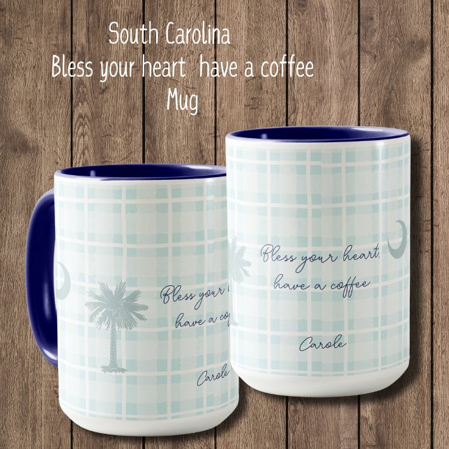 Plaid South Carolina Mug with Palm Tree and Moon  (Bless Your Heart, Have a Coffee mug. Personalize to make it your own. South Carolina Flag with plaid)