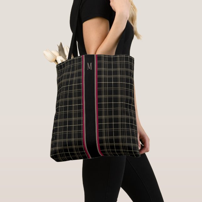 Plaid Stripe with Monogram Tote Bag (Close Up)