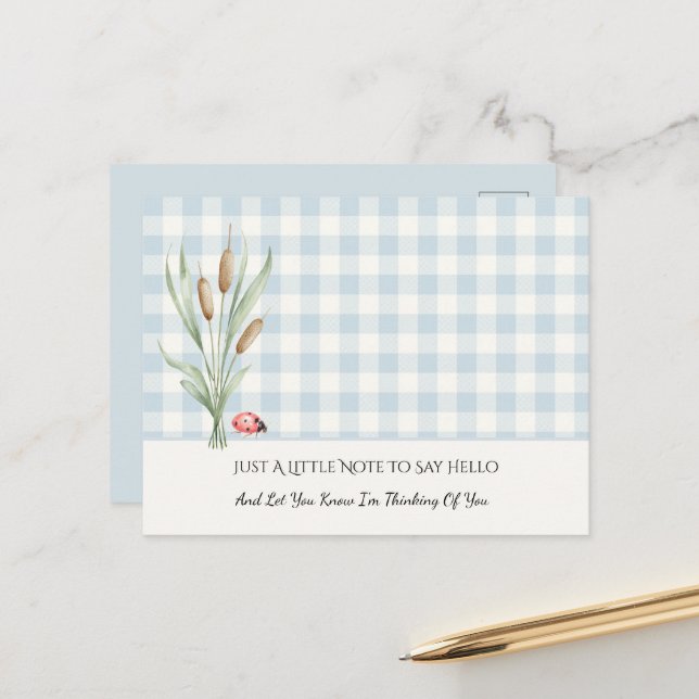 Plaid Stripes Ladybug Cattails Thinking of You Postcard (Front/Back In Situ)