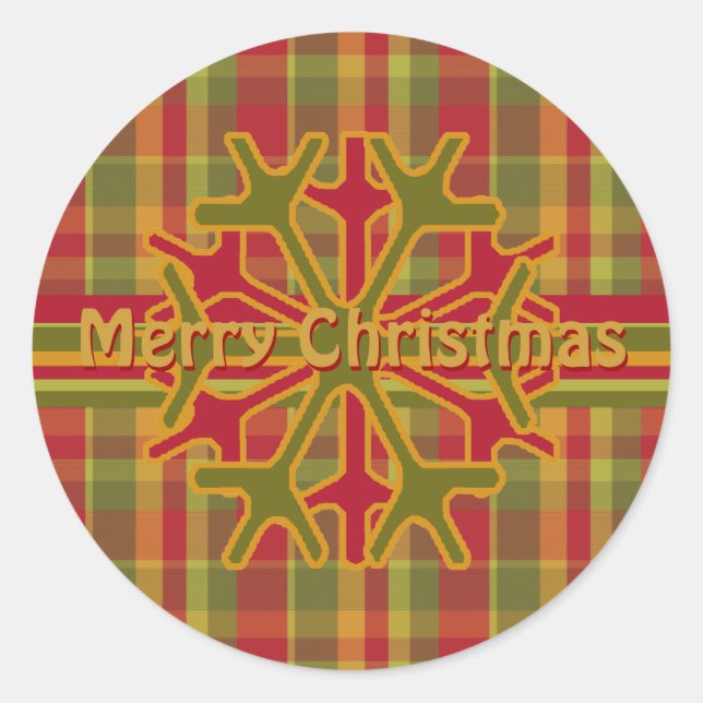 Plaid & Stripes Snowflake Sticker  Red Green Tan (Front)