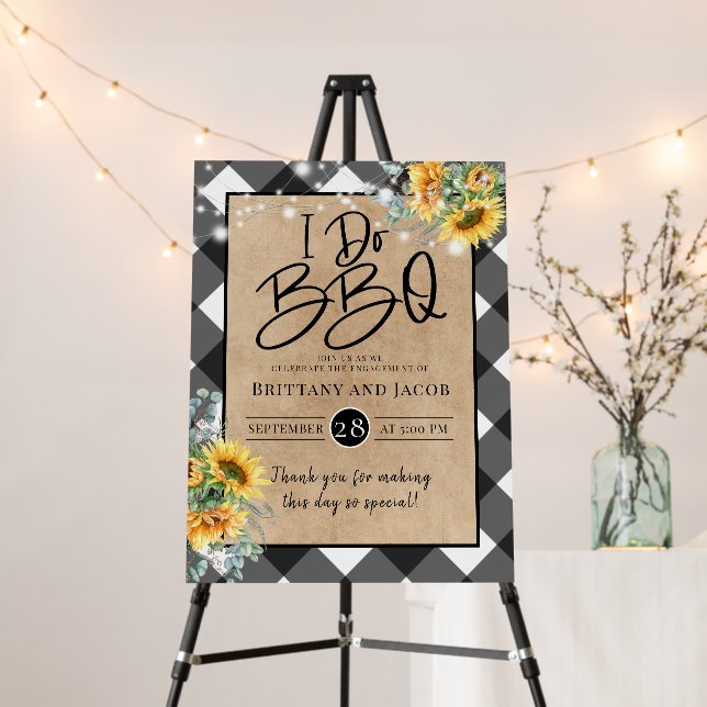 Plaid Sunflower Rustic I Do BBQ Wedding Welcome Foam Board (In Situ (Stand))