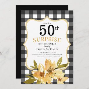 Plaid Surprise 50th Black Yellow Floral Birthday Invitation