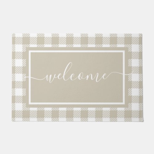 Plaid Tan and White Gingham Pattern Welcome Doormat