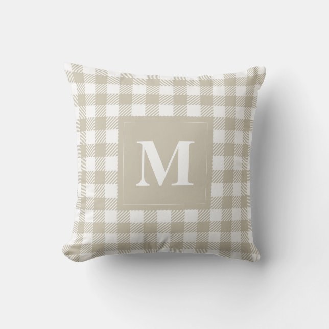 Plaid Tan and White Gingham Pattern with Monogram Throw Pillow (Front)
