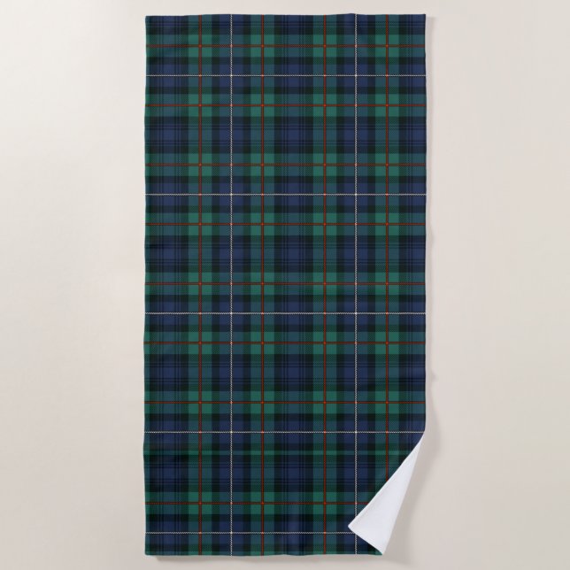 Plaid Tartan Clan Robertson Green Purple Check Beach Towel (Front)