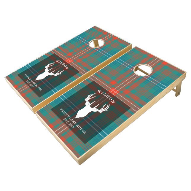Plaid Tartan Clan Wilson Family Lake House Cornhole Set (Angled)