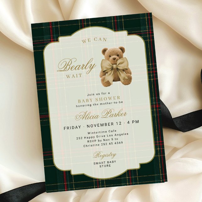 Plaid tartan elegant preppy teddy bear baby shower invitation (Creator Uploaded)