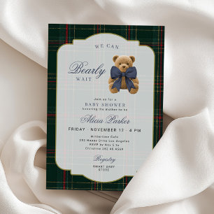 Plaid tartan elegant teddy bear boy baby shower invitation