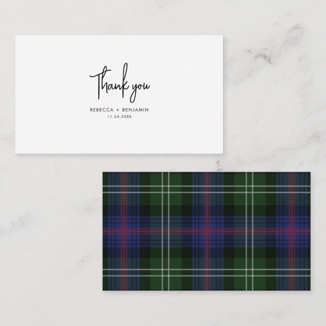 Plaid Tartan Green Purple Rustic Wedding Thank You Note Card (Front/Back)