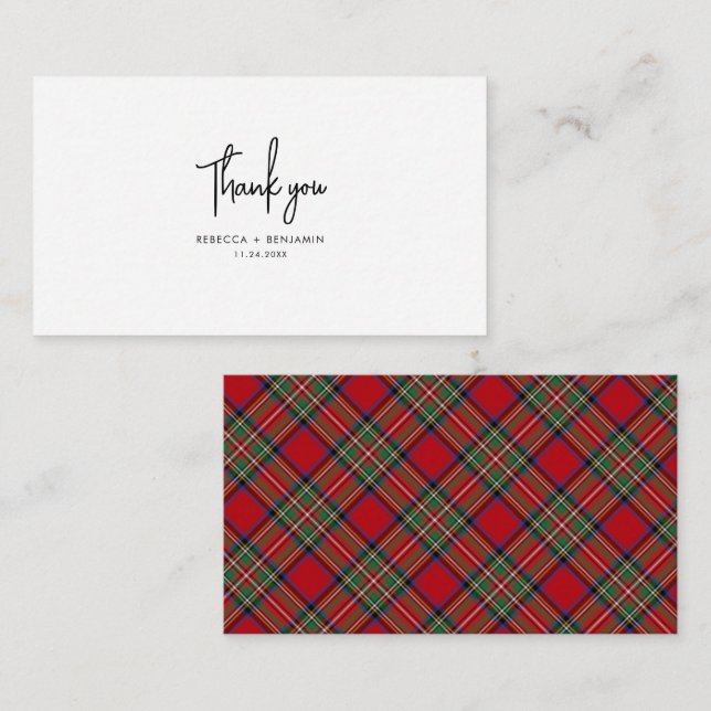 Plaid Tartan Green Red Rustic Wedding Thank You Note Card (Front/Back)