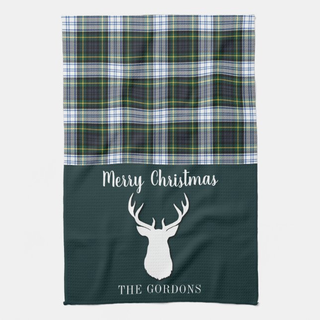 Plaid Tartan Green White Antlers Christmas Family Kitchen Towel (Vertical)