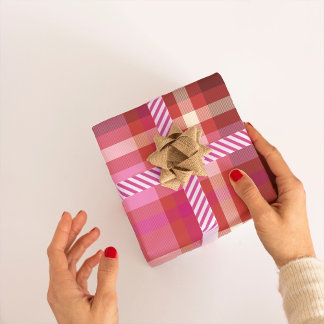 Plaid Tartan Modern Christmas hot pink, salmon Wrapping Paper