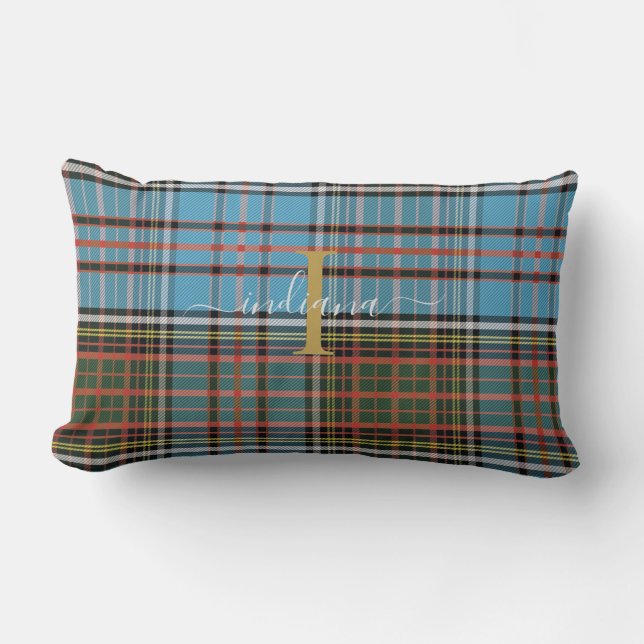 Plaid Tartan Monogram Script Clan Anderson Rustic Lumbar Pillow (Front)