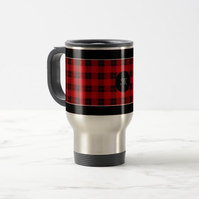 Plaid /tartan pattern red and Black Travel Mug (Front Left)