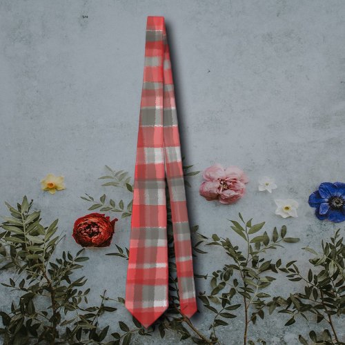 Plaid tartan red gray taupe abstract check  neck tie