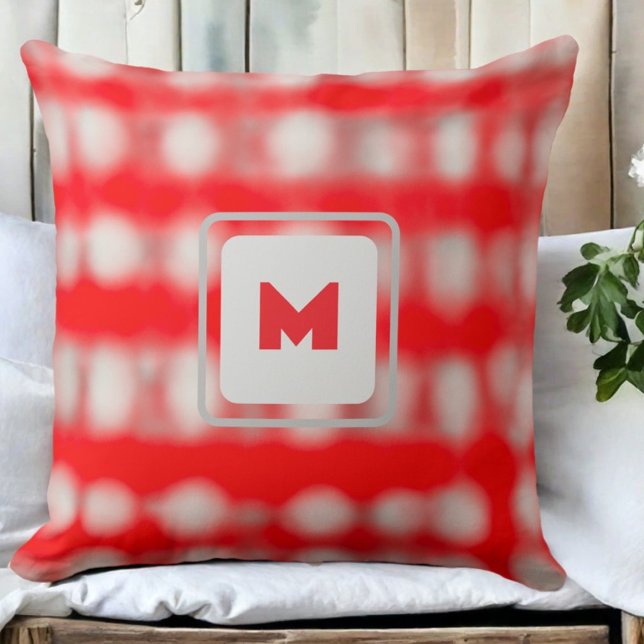 Plaid tartan red white gray monogram Christmas  Throw Pillow (Creator Uploaded)