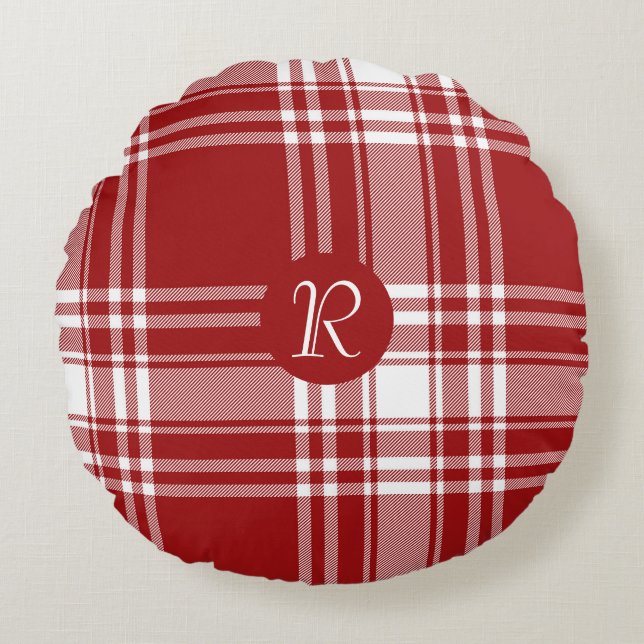 Plaid Tartan Red White Monogram Holiday Christmas Round Pillow (Front)