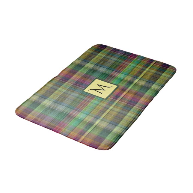 Plaid Tartan Yellow Pink Green Bathroom Mat (Angled)
