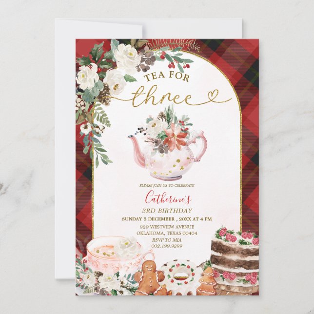 Plaid Tea For Three Floral Christmas 3rd Birthday Invitation (Front)