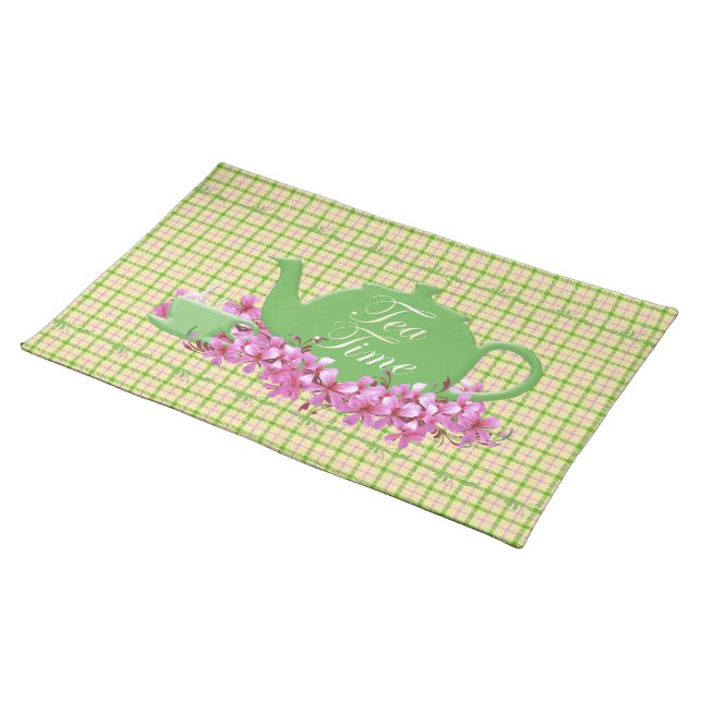 Plaid Tea Time Teapot Pink Flowers Placemat (On Table)