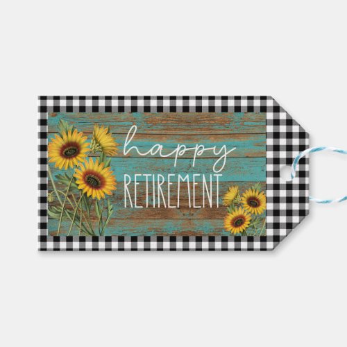 Plaid Teal Wood Sunflowers Happy Retirement Gift Tags