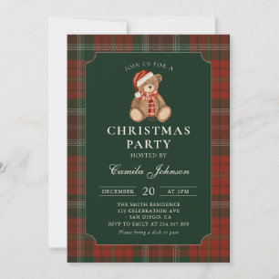 Plaid Teddy Bear Christmas Party Invitation