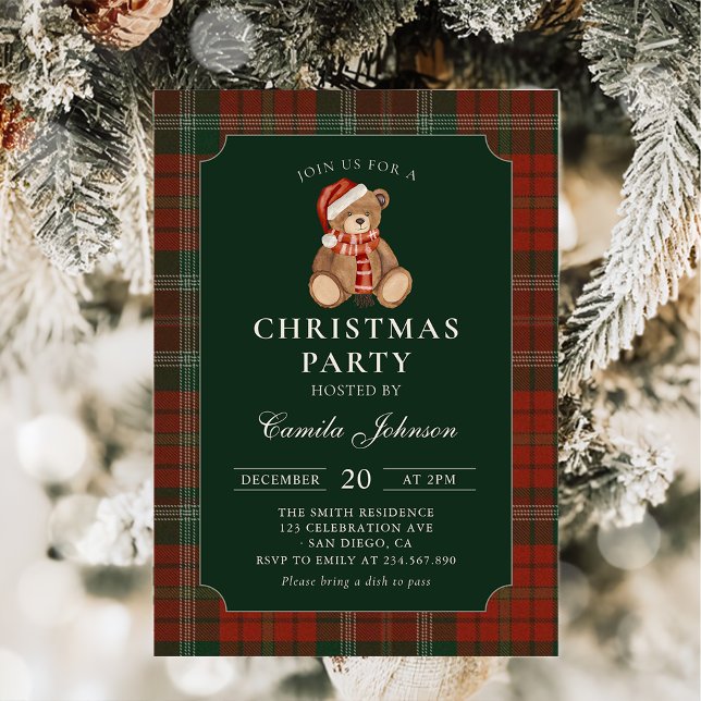 Plaid Teddy Bear Christmas Party Invitation (Creator Uploaded)