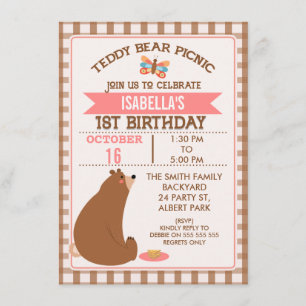 Plaid Teddy Bear Picnic 1st Birthday Invitation