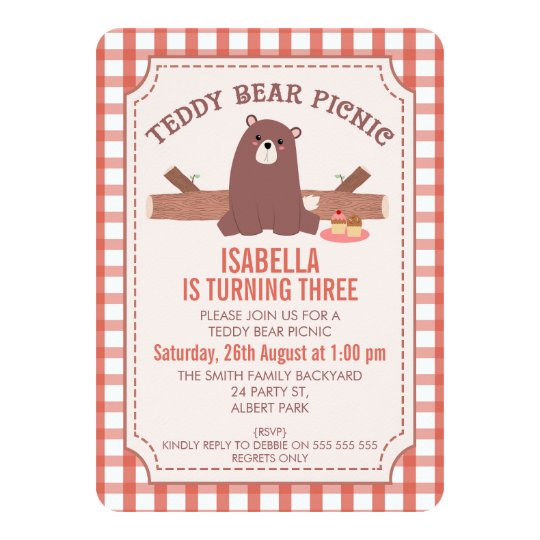 Plaid Teddy Bear Picnic Birthday Invitation | Zazzle.com
