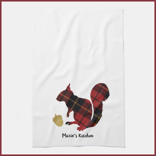 Plaid Texture Red and Gold Squirrel and Acorn Kitchen Towel