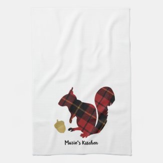 Plaid Texture Red and Gold Squirrel and Acorn