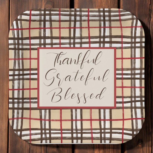 Plaid Thanksful Grateful Blessed  Paper Plates (Creator Uploaded)
