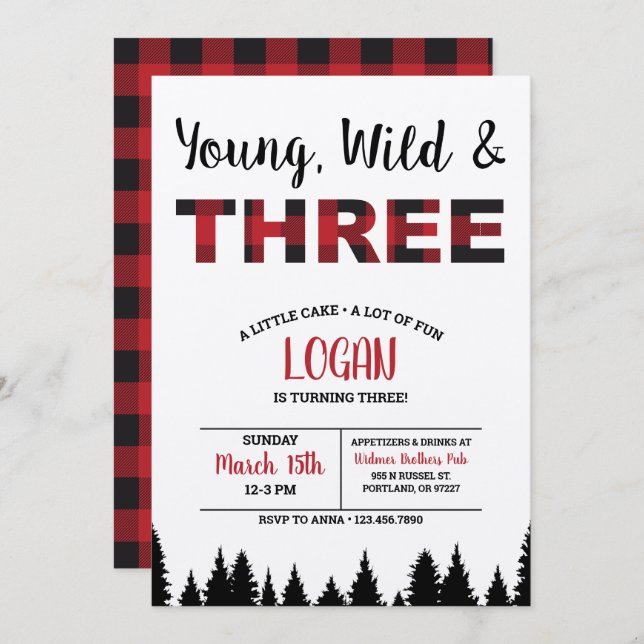Plaid Third Birthday Invitation Young Wild & Three (Front/Back)