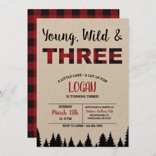 Plaid Third Birthday Invitation Young Wild & Three