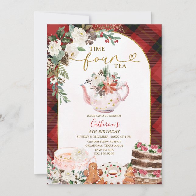 Plaid Time Four Tea Party Christmas 4th Birthday Invitation (Front)