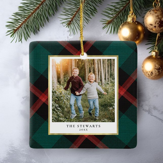 Plaid Tradition Photo Ceramic Ornament (Plaid Tradition square ornament)