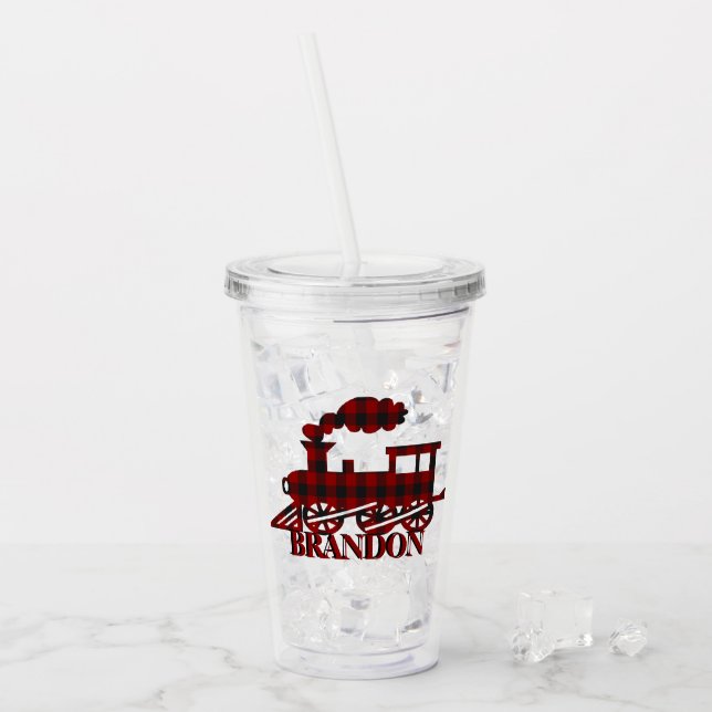 Plaid train personalized  acrylic tumbler (Front Ice)