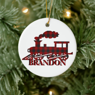 Plaid train personalized ceramic ornament