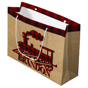 Plaid train personalized large gift bag