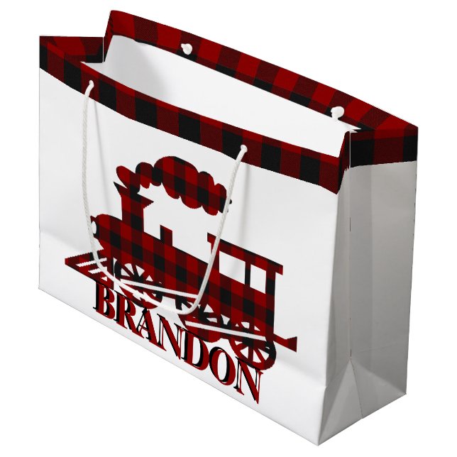 Plaid train personalized  large gift bag (Front Angled)