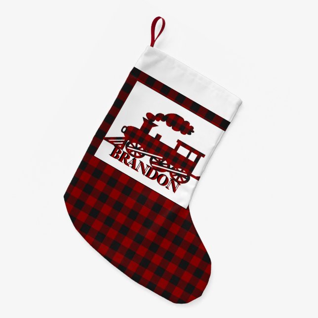 Plaid train personalized  small christmas stocking (Front (Hanging))