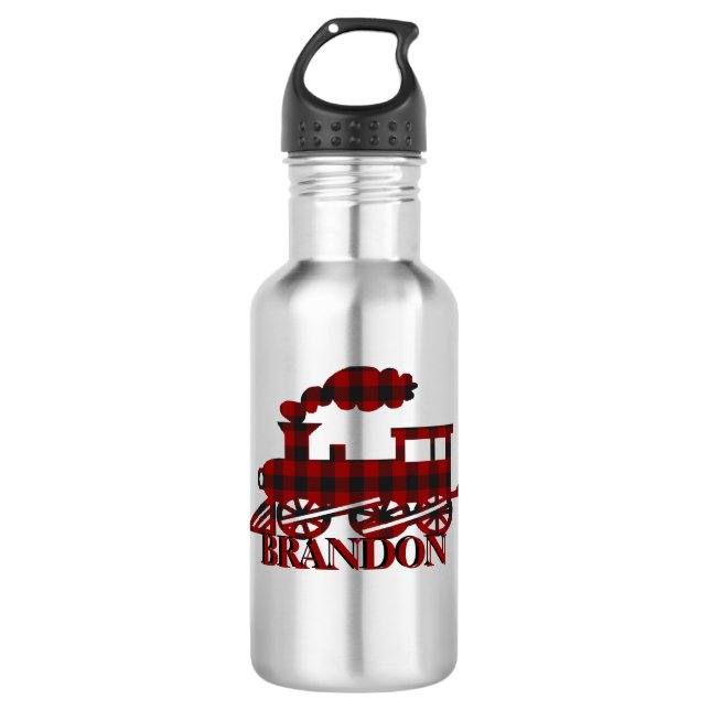 Plaid train personalized  stainless steel water bottle (Front)