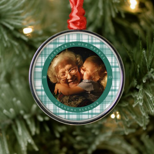 Plaid Turquoise Memorial Photo Metal Ornament