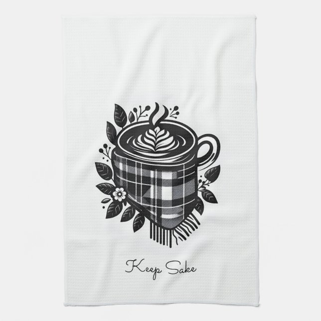 plaid watercolor drink farmhouse latte Coffee Kitchen Towel (Vertical)