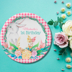 Plaid Watercolor Floral Wreath Easter Paper Plates