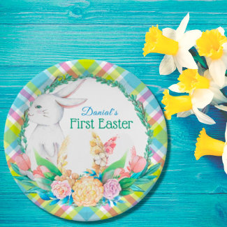 Plaid Watercolor Floral Wreath First Easter