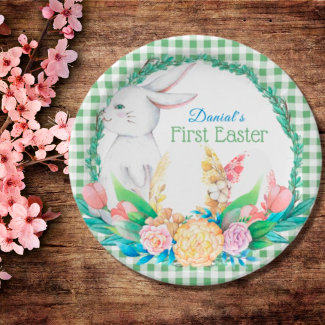 Plaid Watercolor Floral Wreath First Easter