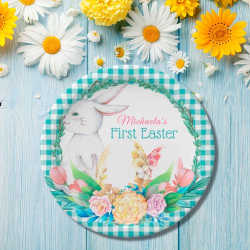 Plaid Watercolor Floral Wreath First Easter Paper Plates