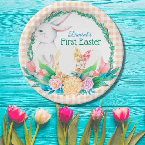 Plaid Watercolor Floral Wreath First Easter  Paper Plates