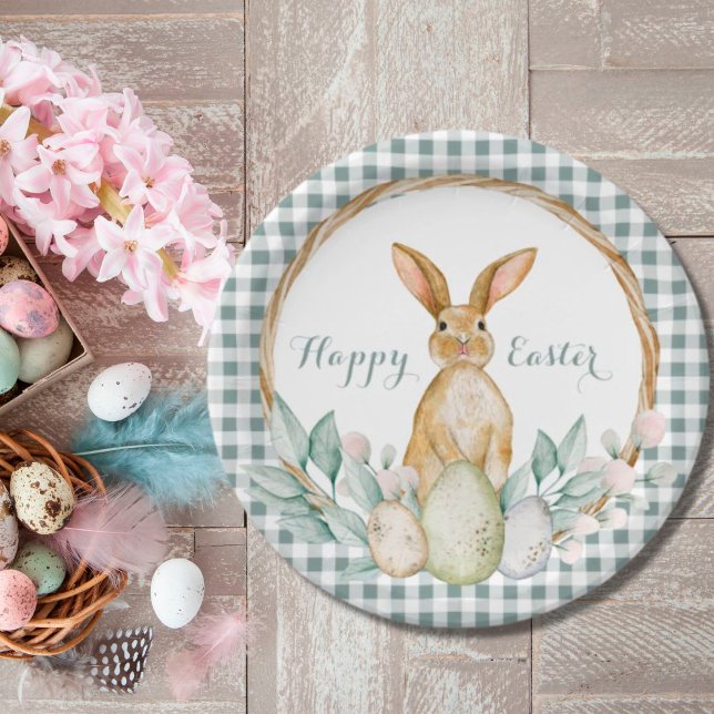 Plaid Watercolor Floral Wreath Happy Easter Bunny Paper Plates (Creator Uploaded)